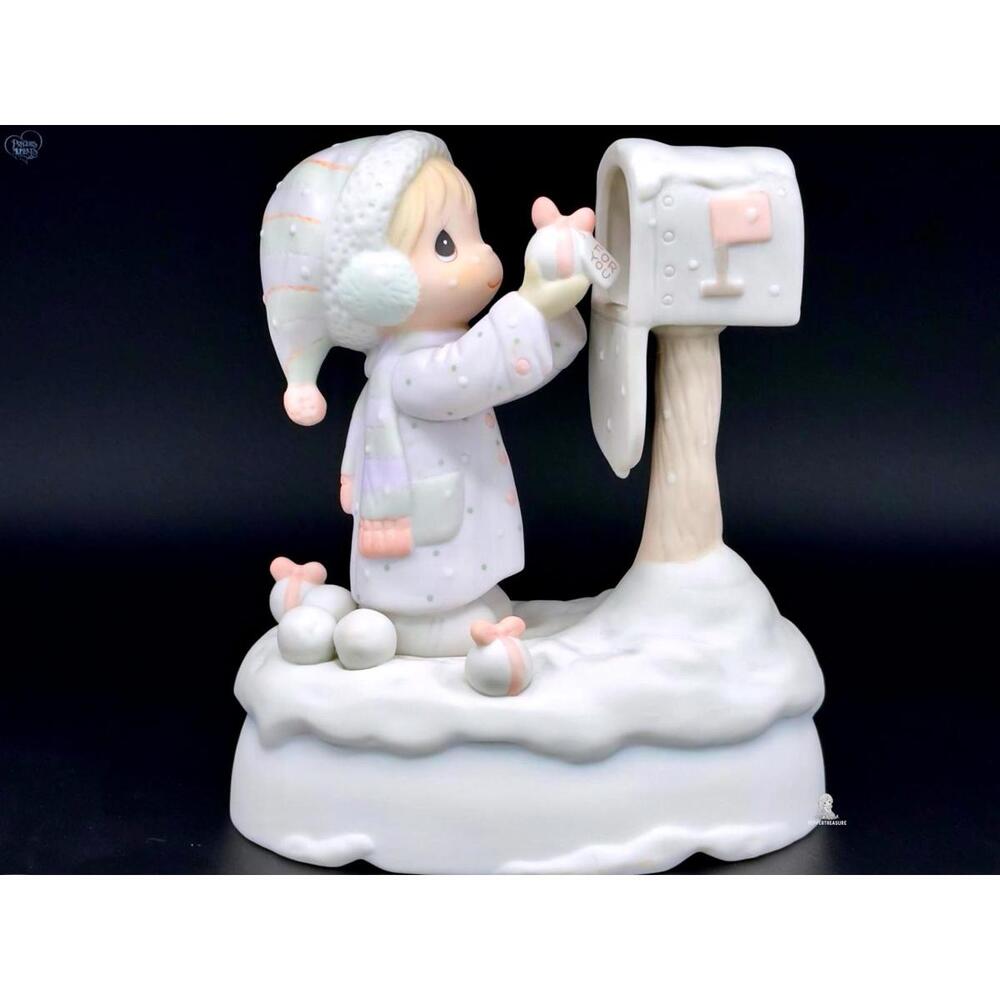 Beautiful Precious Moments Girl Mailing Winter Scene White Christmas Works!
